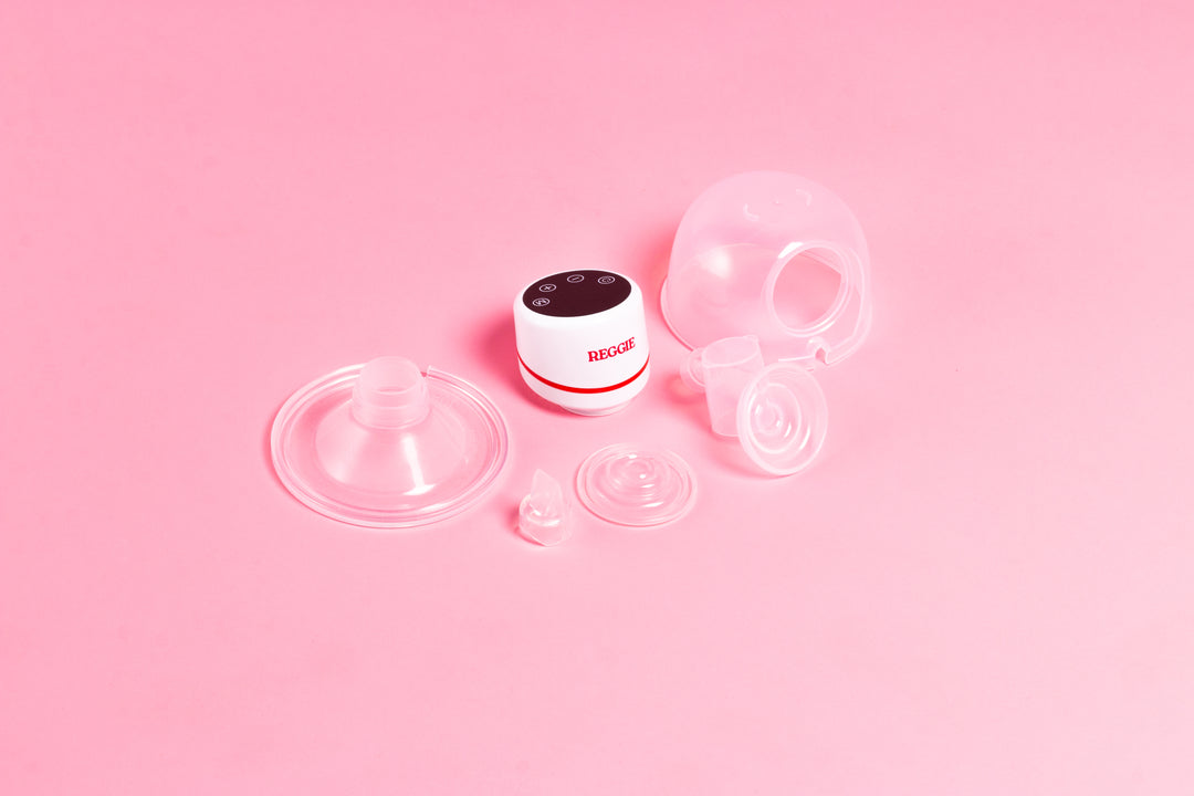 All the individual parts of the reggie baby wearable breast pump