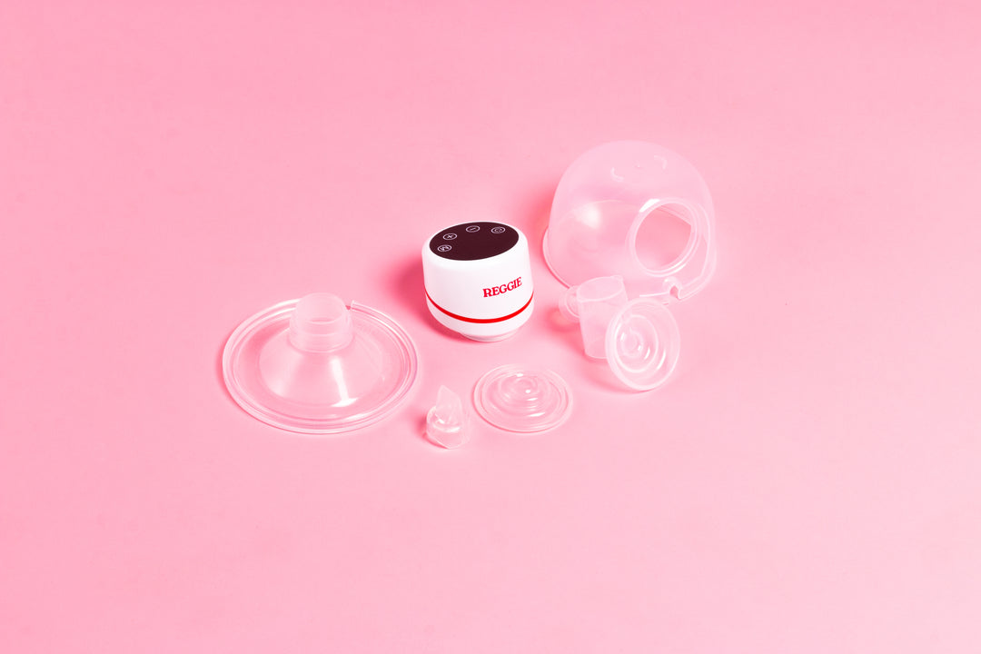 All the individual parts of the reggie baby wearable breast pump 